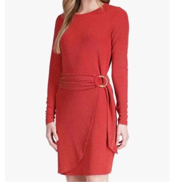 NWT Michael Kors Red Gold Glitter Dot LongSleeve Stretchy Dress Size Large - Picture 1 of 13